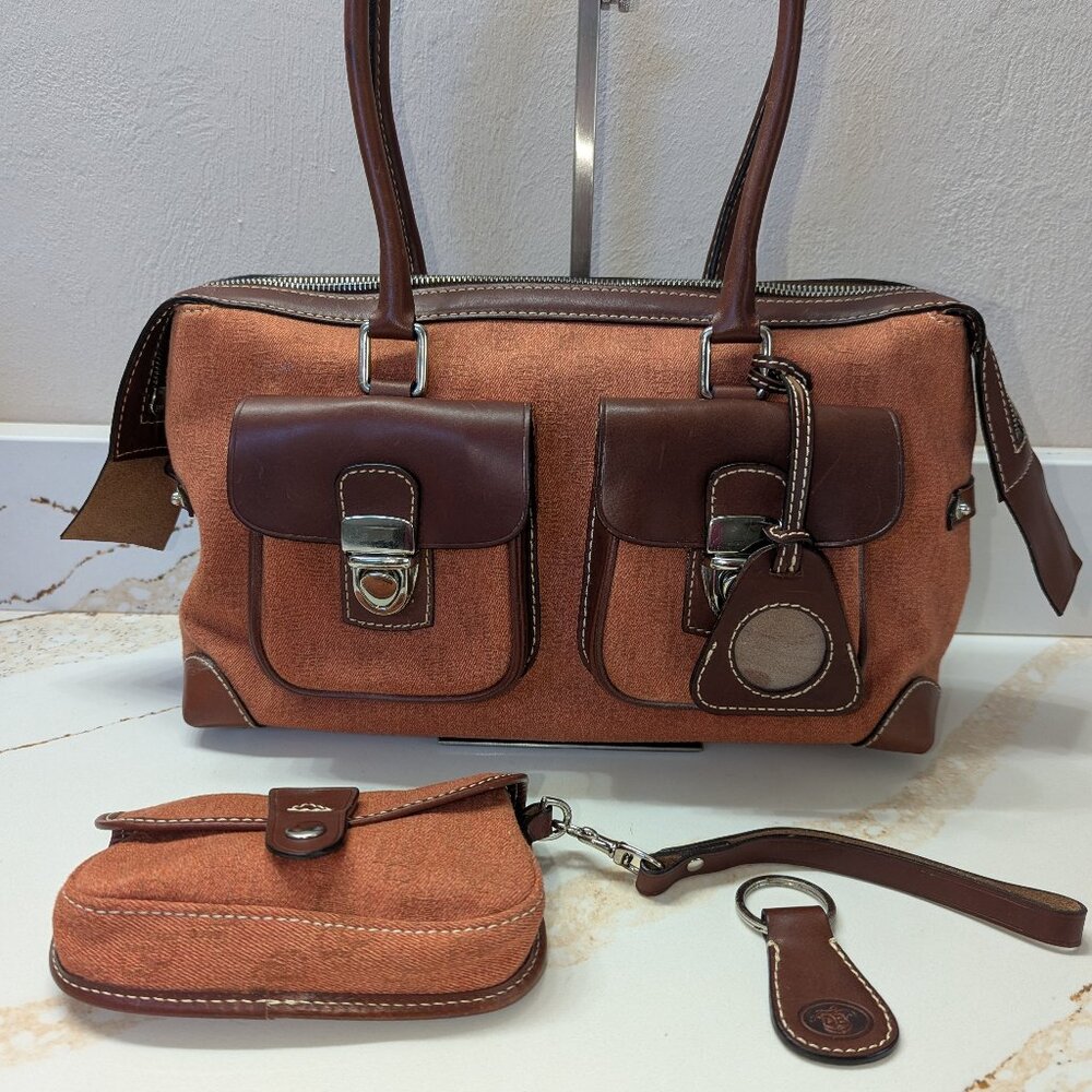 Dooney & Bourke Rust Brown Canvas Tote with Dark Brown Leather Trim